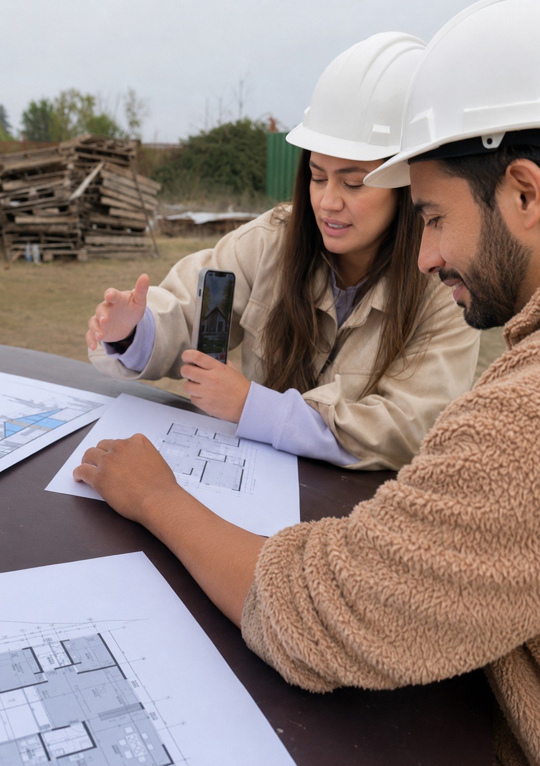 Equipo de CREA Arquitectura revisando planos en terreno